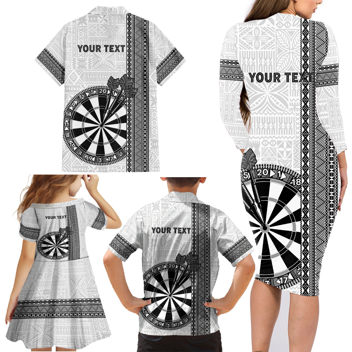 Personalised Fiji Darts Family Matching Long Sleeve Bodycon Dress and Hawaiian Shirt Fijian Tapa Pattern - White LT14 - Polynesian Pride