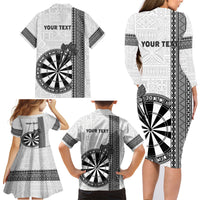 Personalised Fiji Darts Family Matching Long Sleeve Bodycon Dress and Hawaiian Shirt Fijian Tapa Pattern - White LT14 - Polynesian Pride