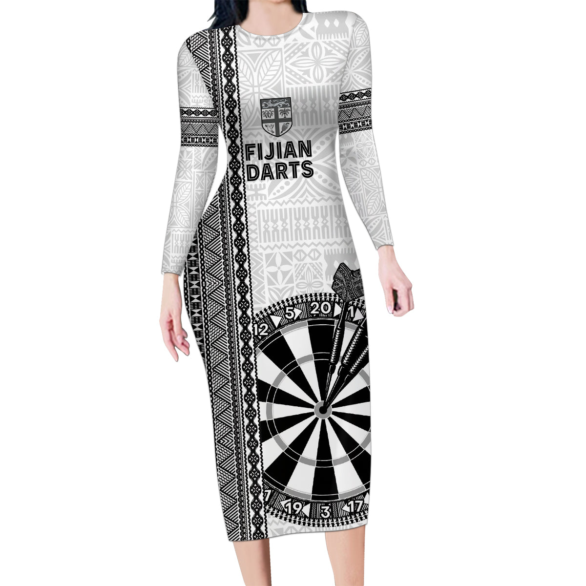 Personalised Fiji Darts Family Matching Long Sleeve Bodycon Dress and Hawaiian Shirt Fijian Tapa Pattern - White LT14 Mom's Dress White - Polynesian Pride