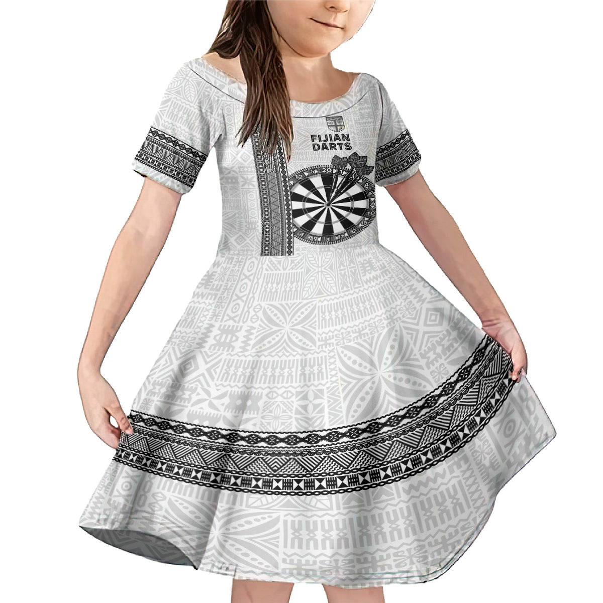 Personalised Fiji Darts Family Matching Mermaid Dress and Hawaiian Shirt Fijian Tapa Pattern - White LT14 Daughter's Dress White - Polynesian Pride