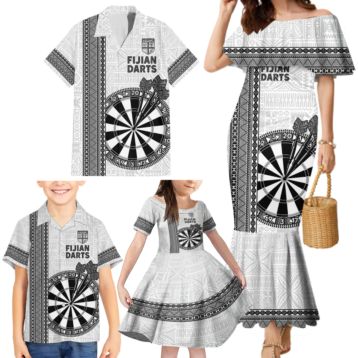 Personalised Fiji Darts Family Matching Mermaid Dress and Hawaiian Shirt Fijian Tapa Pattern - White LT14 - Polynesian Pride