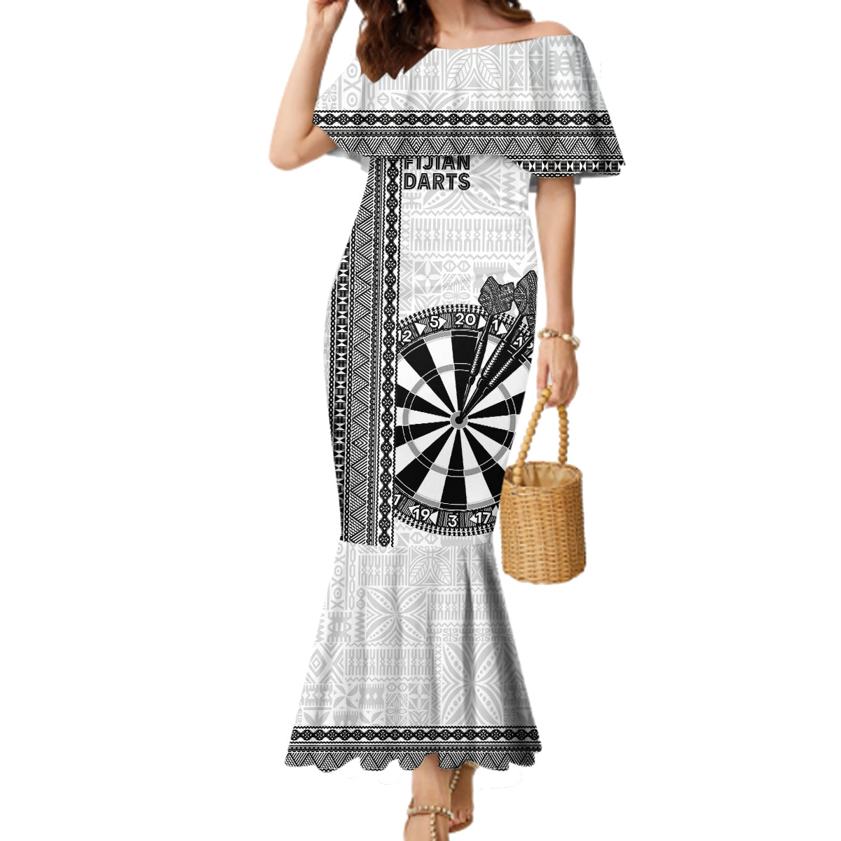 Personalised Fiji Darts Family Matching Mermaid Dress and Hawaiian Shirt Fijian Tapa Pattern - White LT14 Mom's Dress White - Polynesian Pride