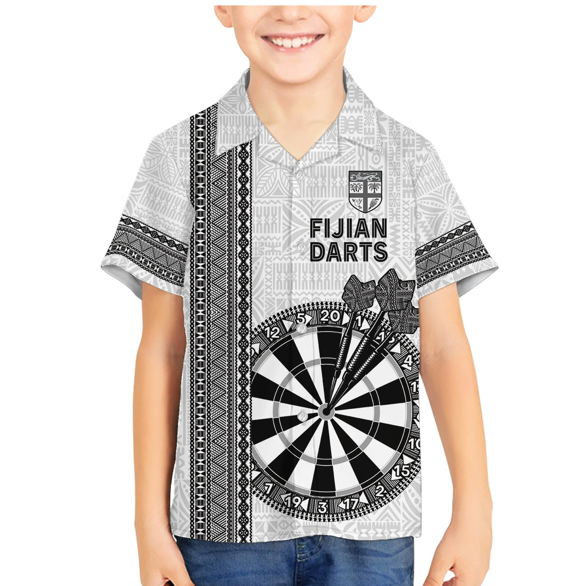 Personalised Fiji Darts Family Matching Mermaid Dress and Hawaiian Shirt Fijian Tapa Pattern - White LT14 Son's Shirt White - Polynesian Pride