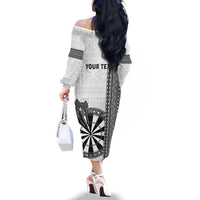 Personalised Fiji Darts Family Matching Off The Shoulder Long Sleeve Dress and Hawaiian Shirt Fijian Tapa Pattern - White LT14 - Polynesian Pride