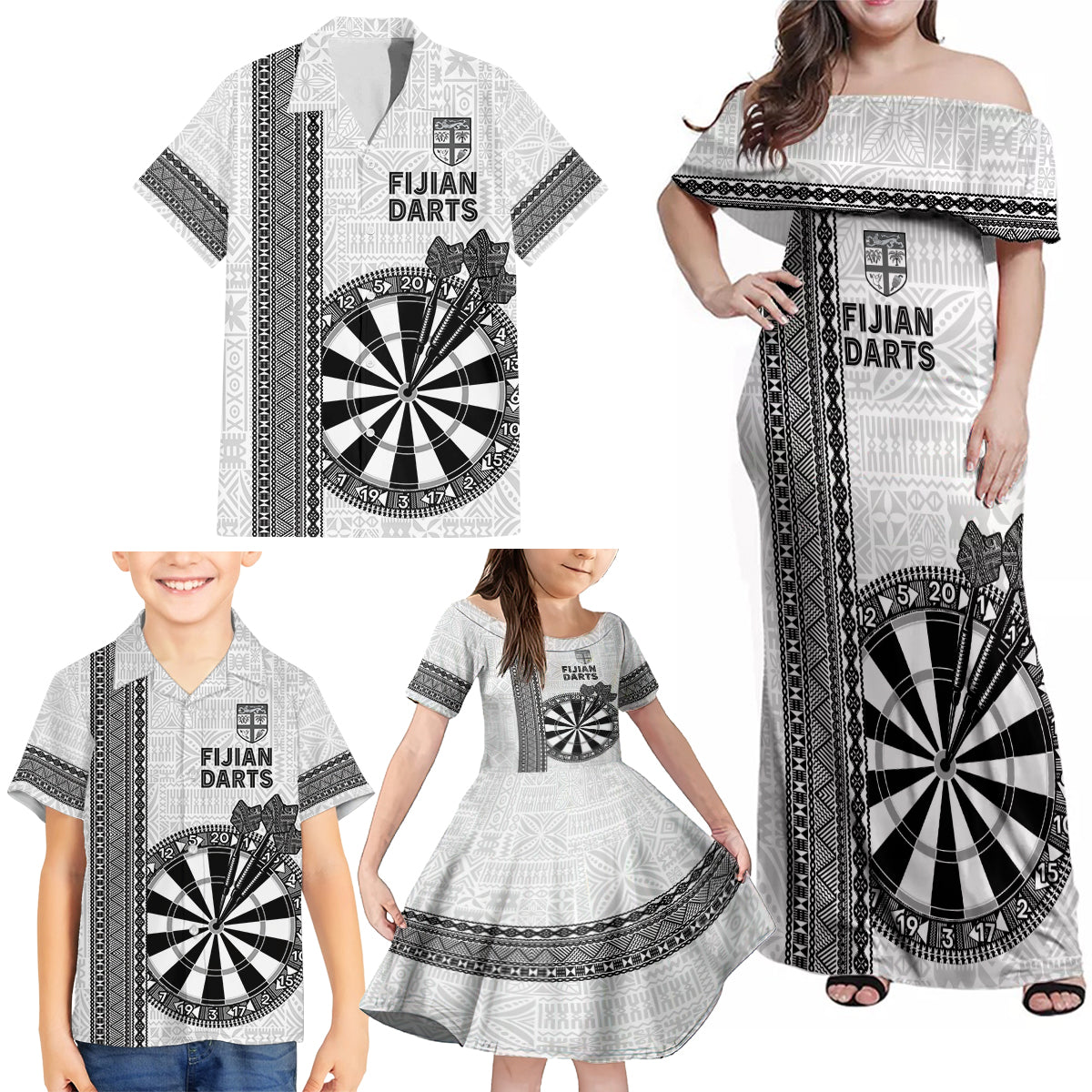 Personalised Fiji Darts Family Matching Off Shoulder Maxi Dress and Hawaiian Shirt Fijian Tapa Pattern - White LT14 - Polynesian Pride