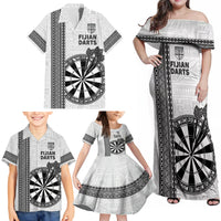 Personalised Fiji Darts Family Matching Off Shoulder Maxi Dress and Hawaiian Shirt Fijian Tapa Pattern - White LT14 - Polynesian Pride