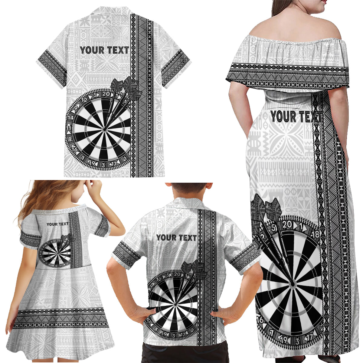 Personalised Fiji Darts Family Matching Off Shoulder Maxi Dress and Hawaiian Shirt Fijian Tapa Pattern - White LT14 - Polynesian Pride