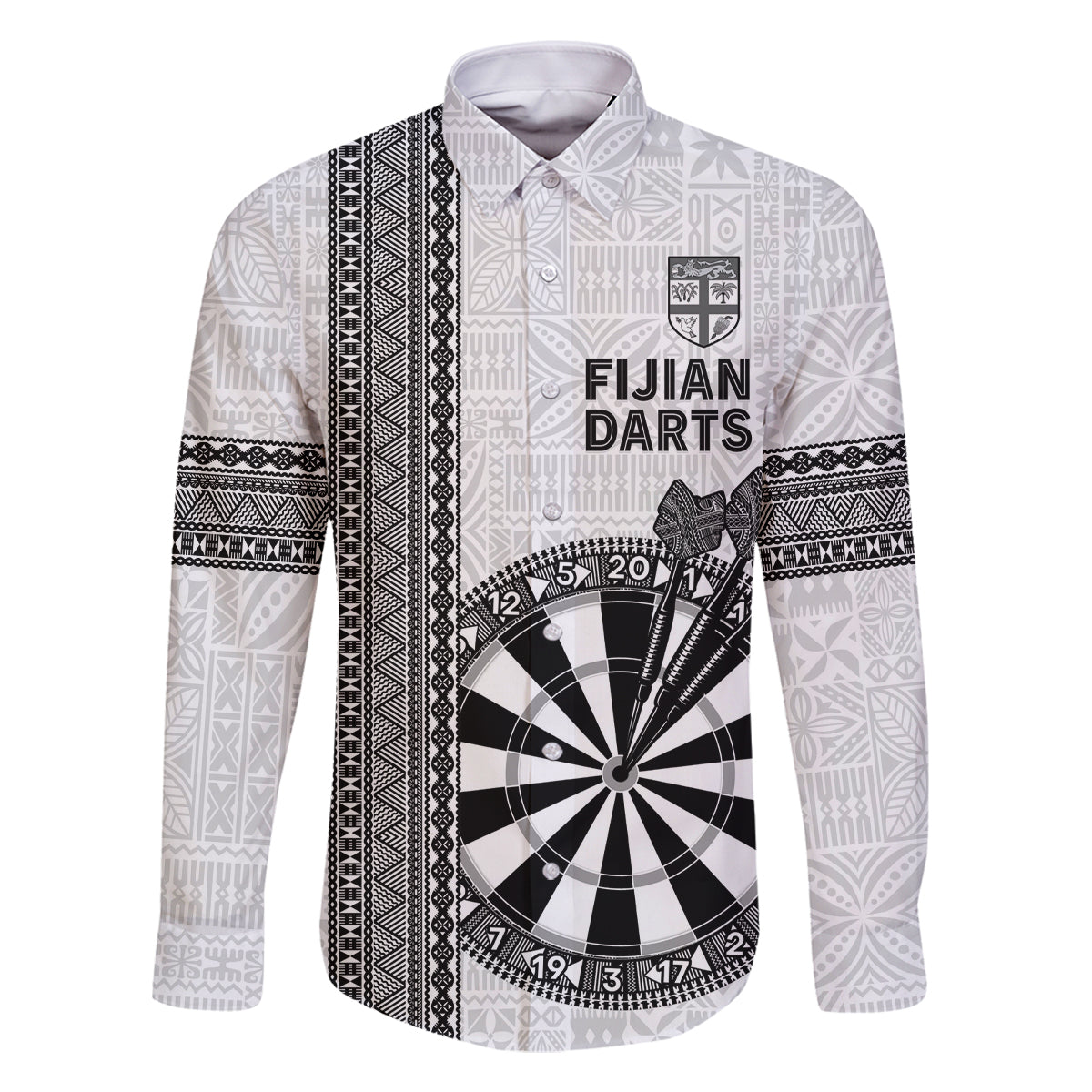 Personalised Fiji Darts Family Matching Off Shoulder Maxi Dress and Hawaiian Shirt Fijian Tapa Pattern - White LT14 Dad's Shirt - Long Sleeve White - Polynesian Pride