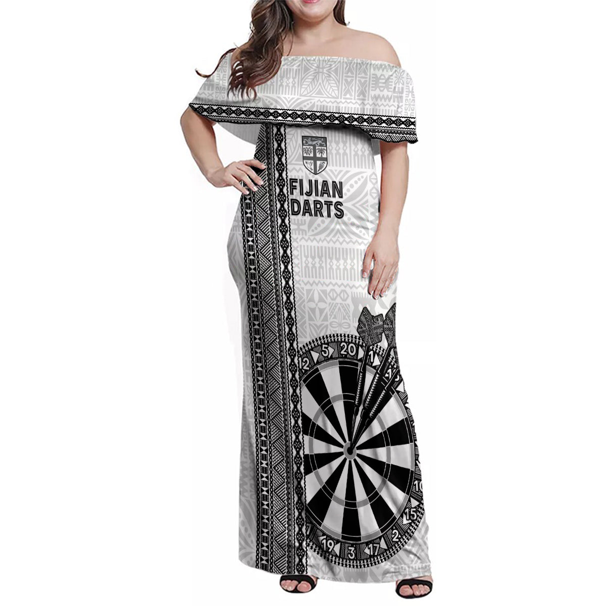 Personalised Fiji Darts Family Matching Off Shoulder Maxi Dress and Hawaiian Shirt Fijian Tapa Pattern - White LT14 Mom's Dress White - Polynesian Pride
