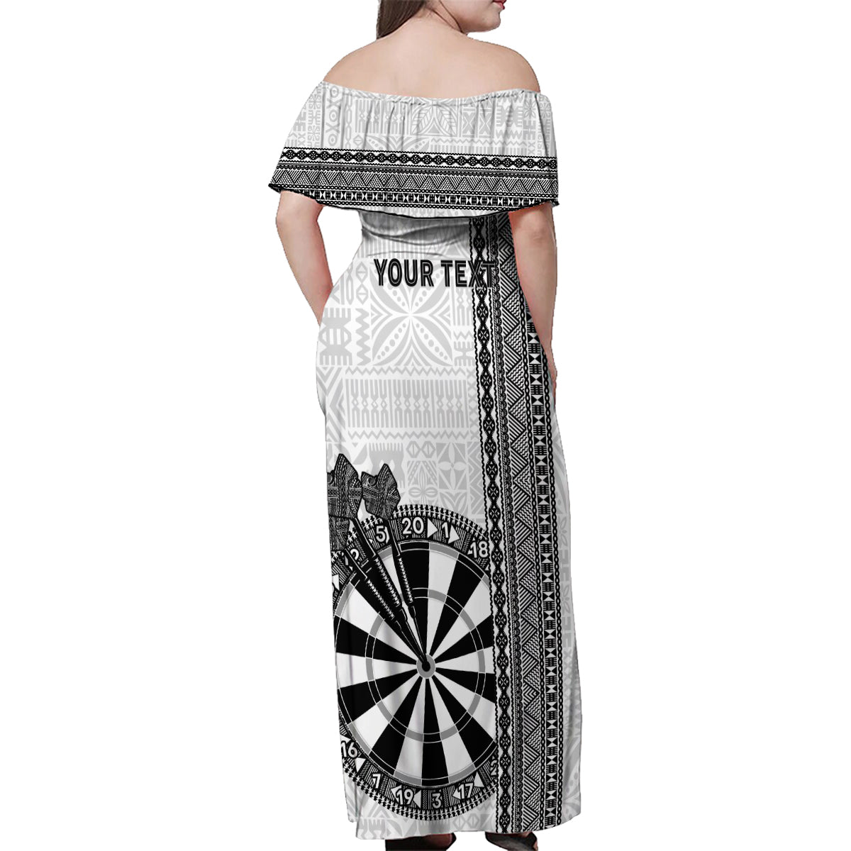 Personalised Fiji Darts Family Matching Off Shoulder Maxi Dress and Hawaiian Shirt Fijian Tapa Pattern - White LT14 - Polynesian Pride