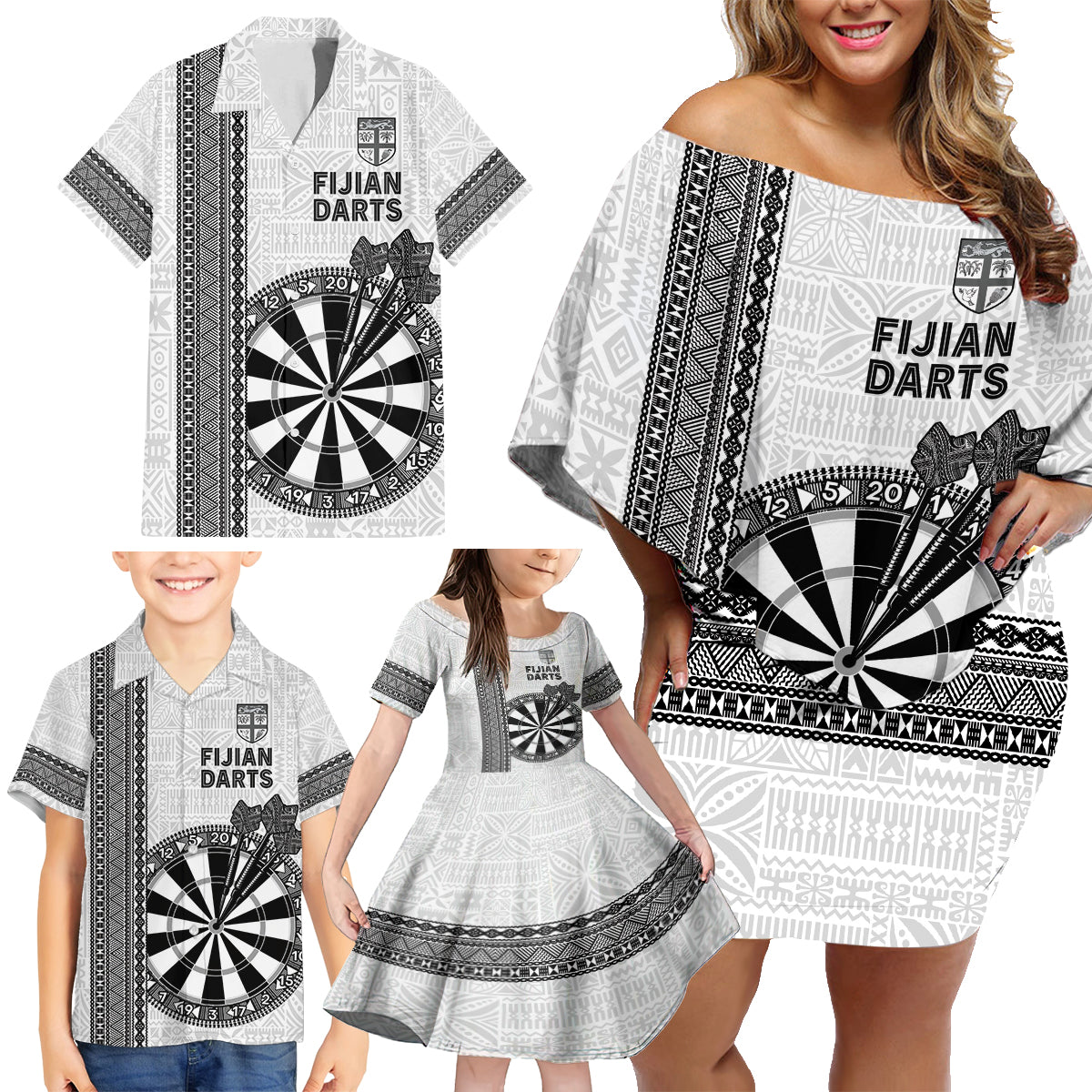 Personalised Fiji Darts Family Matching Off Shoulder Short Dress and Hawaiian Shirt Fijian Tapa Pattern - White LT14 - Polynesian Pride