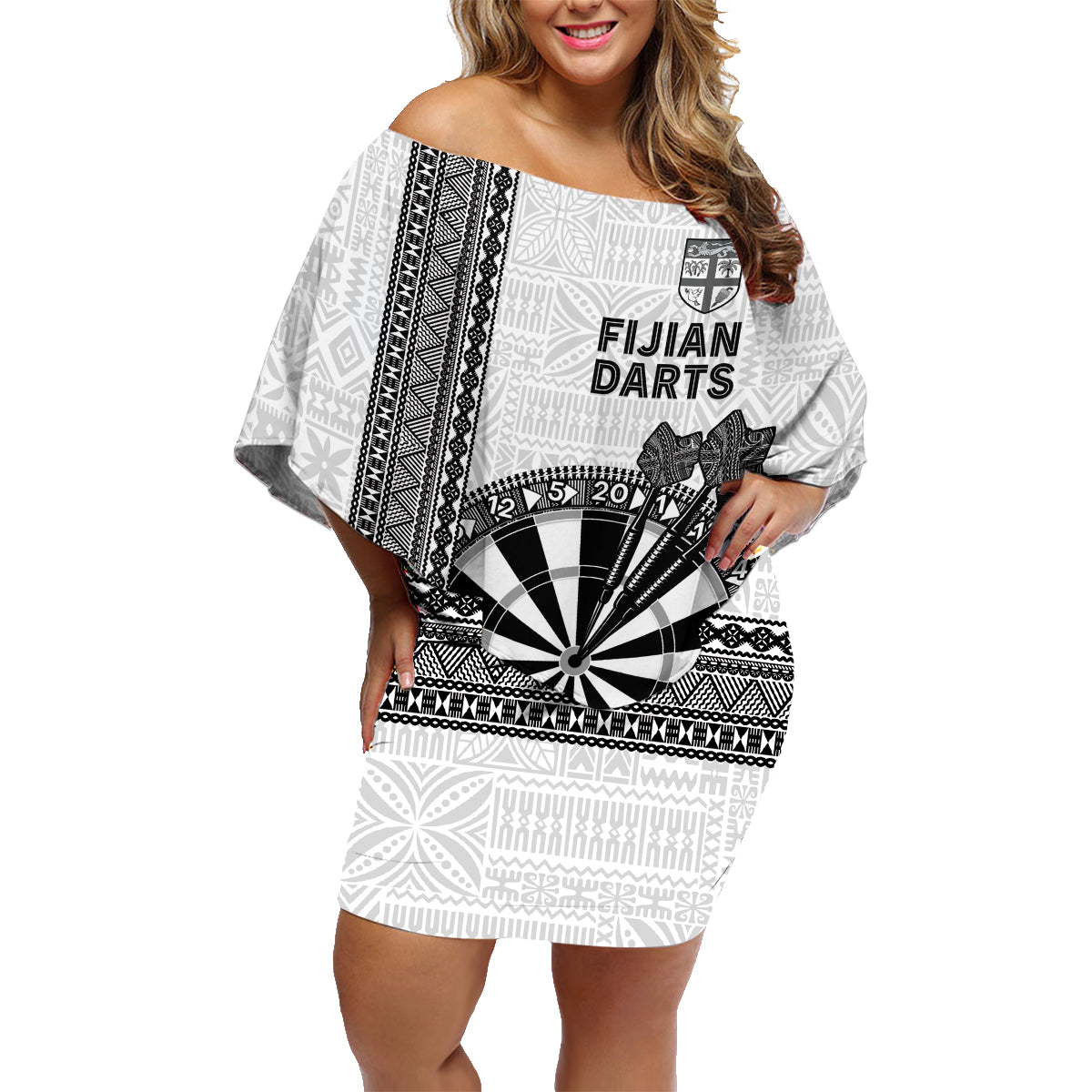 Personalised Fiji Darts Family Matching Off Shoulder Short Dress and Hawaiian Shirt Fijian Tapa Pattern - White LT14 Mom's Dress White - Polynesian Pride
