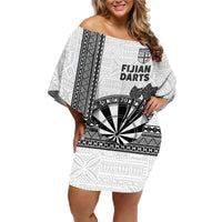 Personalised Fiji Darts Family Matching Off Shoulder Short Dress and Hawaiian Shirt Fijian Tapa Pattern - White LT14 Mom's Dress White - Polynesian Pride
