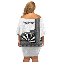 Personalised Fiji Darts Family Matching Off Shoulder Short Dress and Hawaiian Shirt Fijian Tapa Pattern - White LT14 - Polynesian Pride