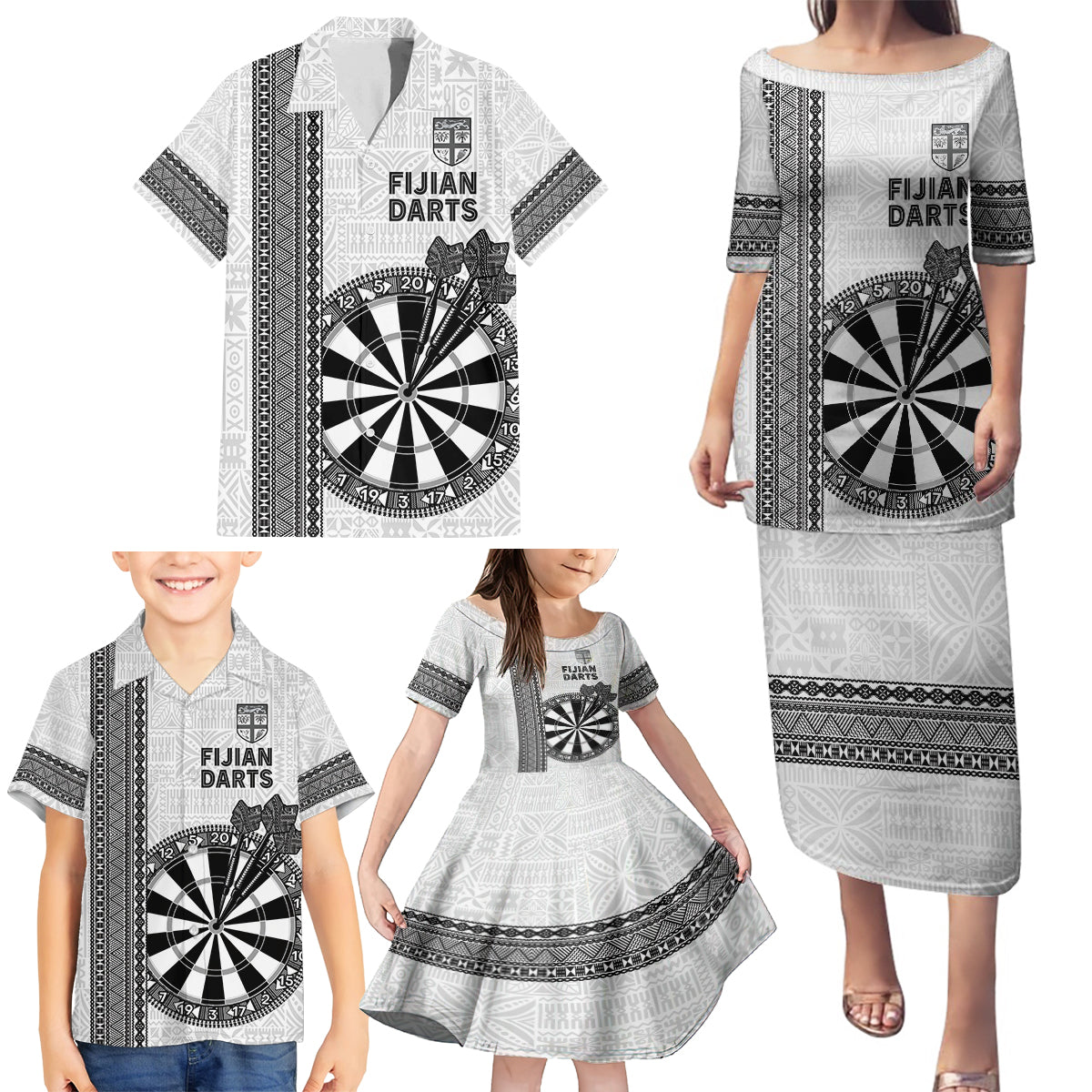 Personalised Fiji Darts Family Matching Puletasi and Hawaiian Shirt Fijian Tapa Pattern - White LT14 - Polynesian Pride