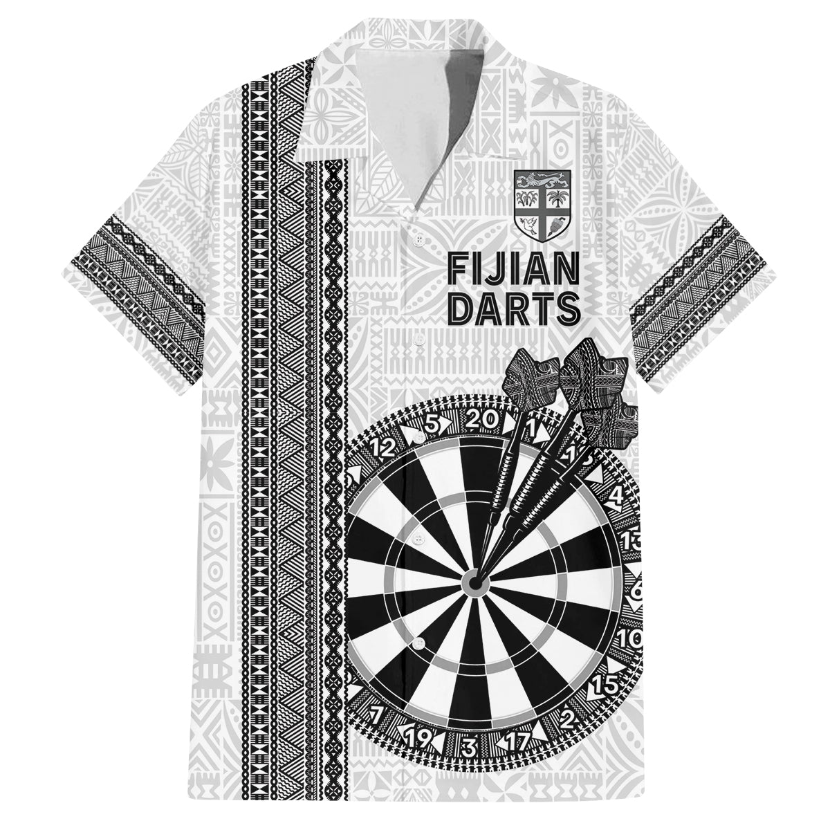 Personalised Fiji Darts Family Matching Puletasi and Hawaiian Shirt Fijian Tapa Pattern - White LT14 Dad's Shirt - Short Sleeve White - Polynesian Pride