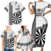 Personalised Fiji Darts Family Matching Short Sleeve Bodycon Dress and Hawaiian Shirt Fijian Tapa Pattern - White LT14 - Polynesian Pride