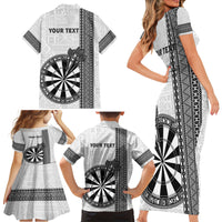 Personalised Fiji Darts Family Matching Short Sleeve Bodycon Dress and Hawaiian Shirt Fijian Tapa Pattern - White LT14 - Polynesian Pride