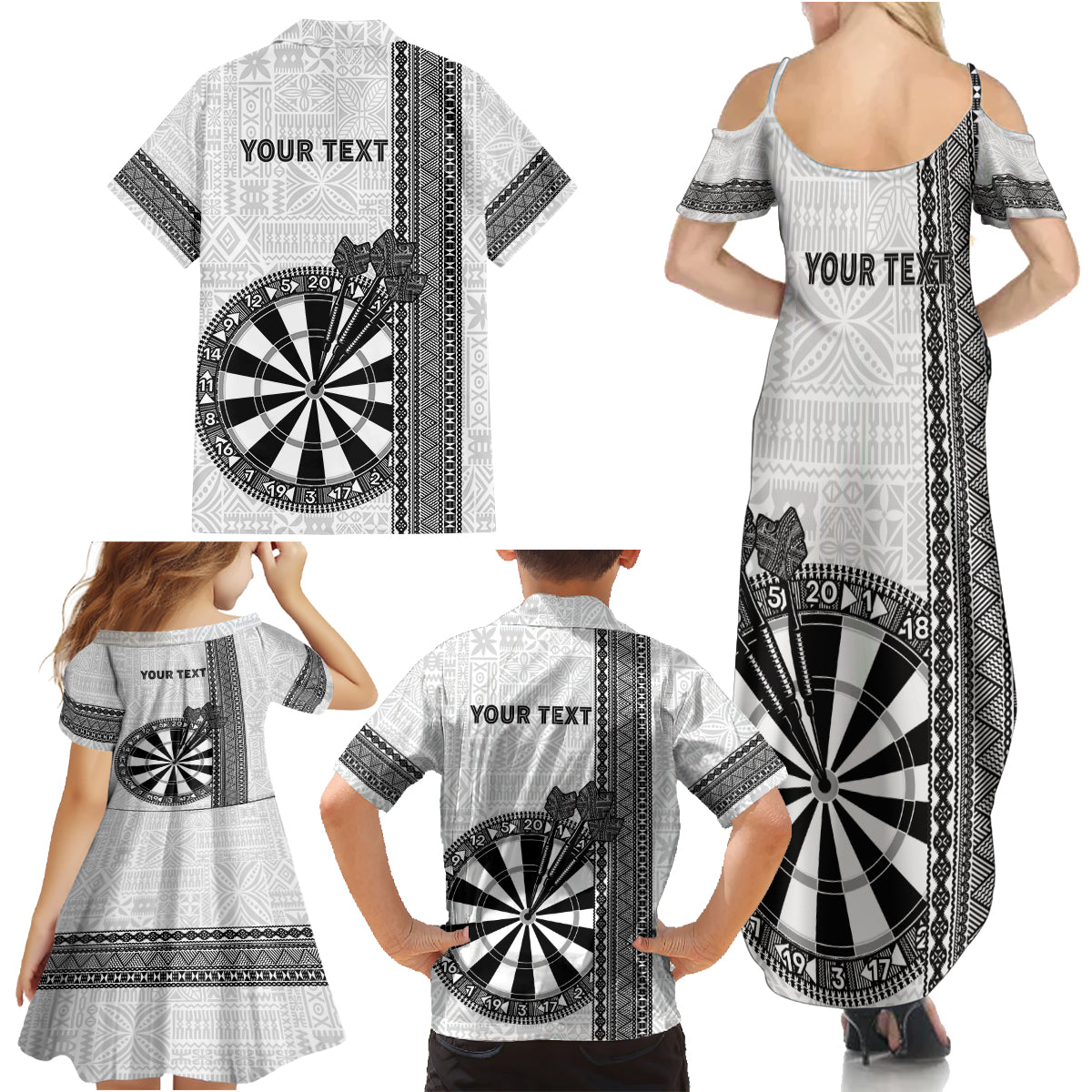 Personalised Fiji Darts Family Matching Summer Maxi Dress and Hawaiian Shirt Fijian Tapa Pattern - White LT14 - Polynesian Pride