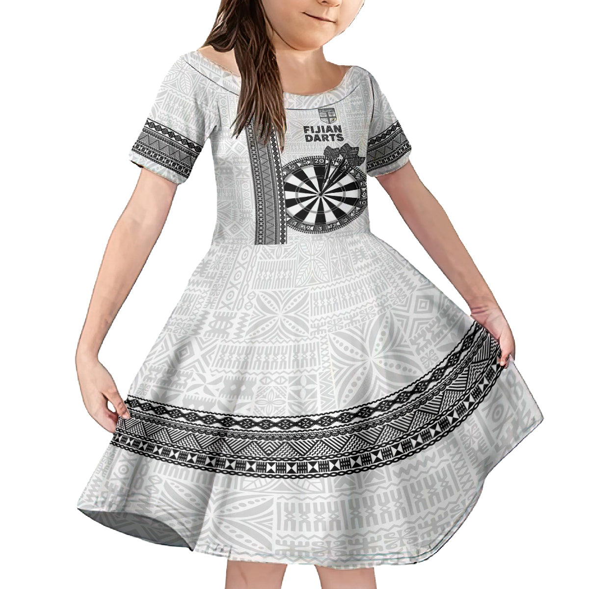 Personalised Fiji Darts Family Matching Tank Maxi Dress and Hawaiian Shirt Fijian Tapa Pattern - White LT14 Daughter's Dress White - Polynesian Pride