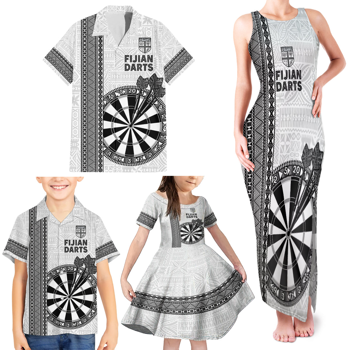 Personalised Fiji Darts Family Matching Tank Maxi Dress and Hawaiian Shirt Fijian Tapa Pattern - White LT14 - Polynesian Pride