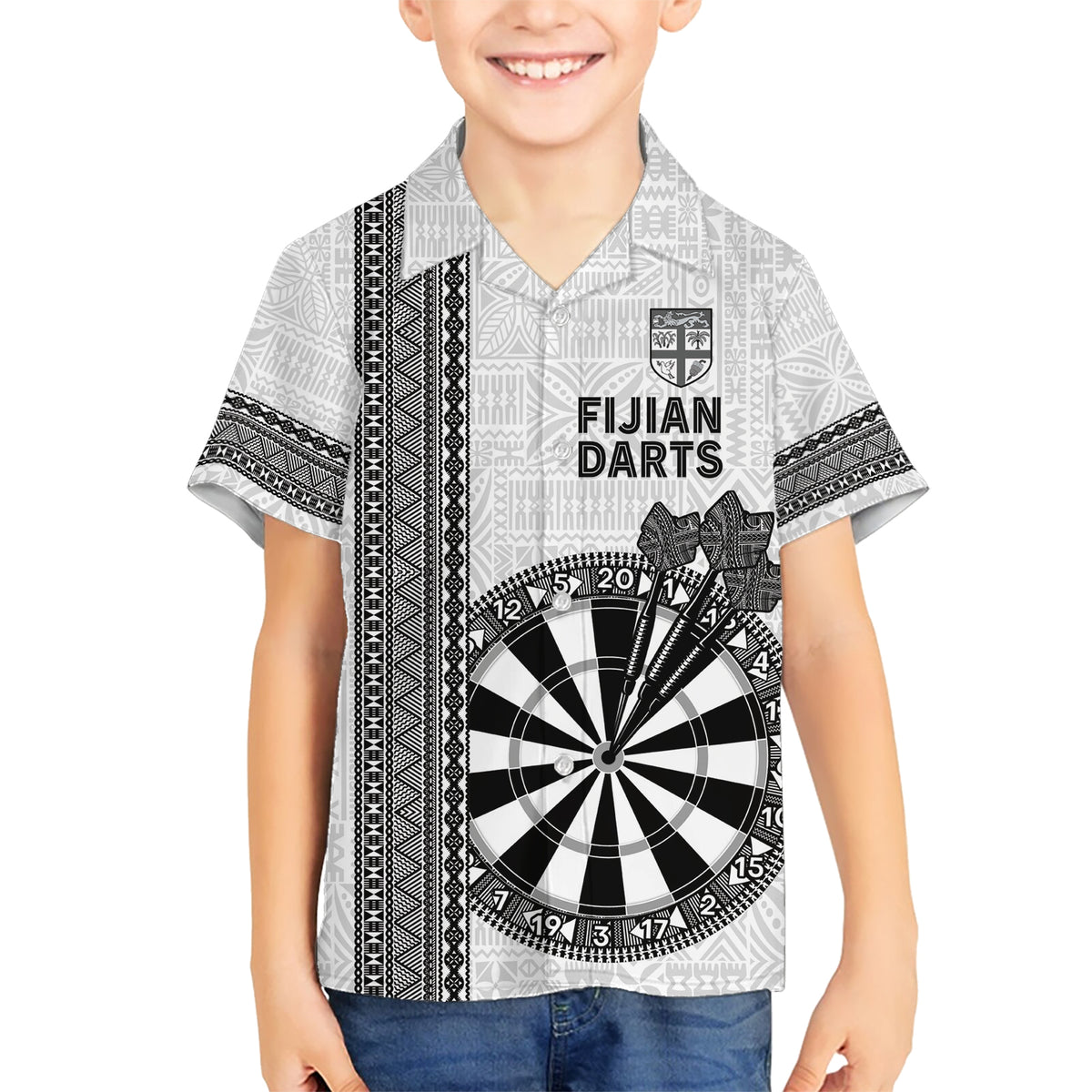 Personalised Fiji Darts Kid Hawaiian Shirt Fijian Tapa Pattern - White LT14 Kid White - Polynesian Pride
