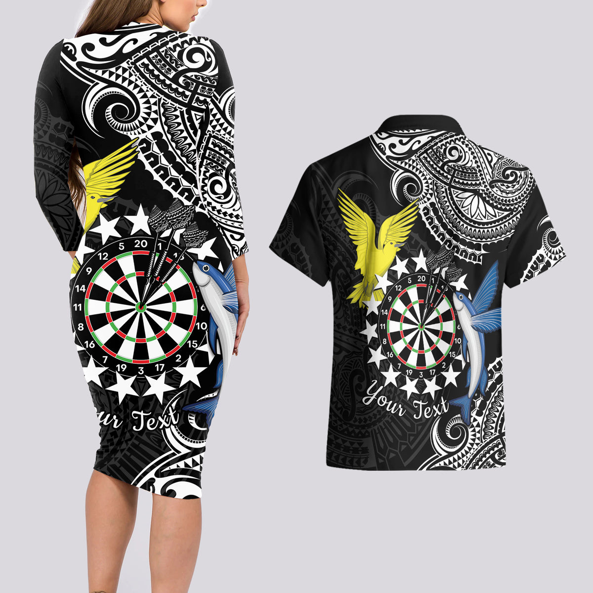 Personalised Cook Islands Darts Couples Matching Long Sleeve Bodycon Dress and Hawaiian Shirt Kuki Airani Tribal Pattern LT14 - Polynesian Pride
