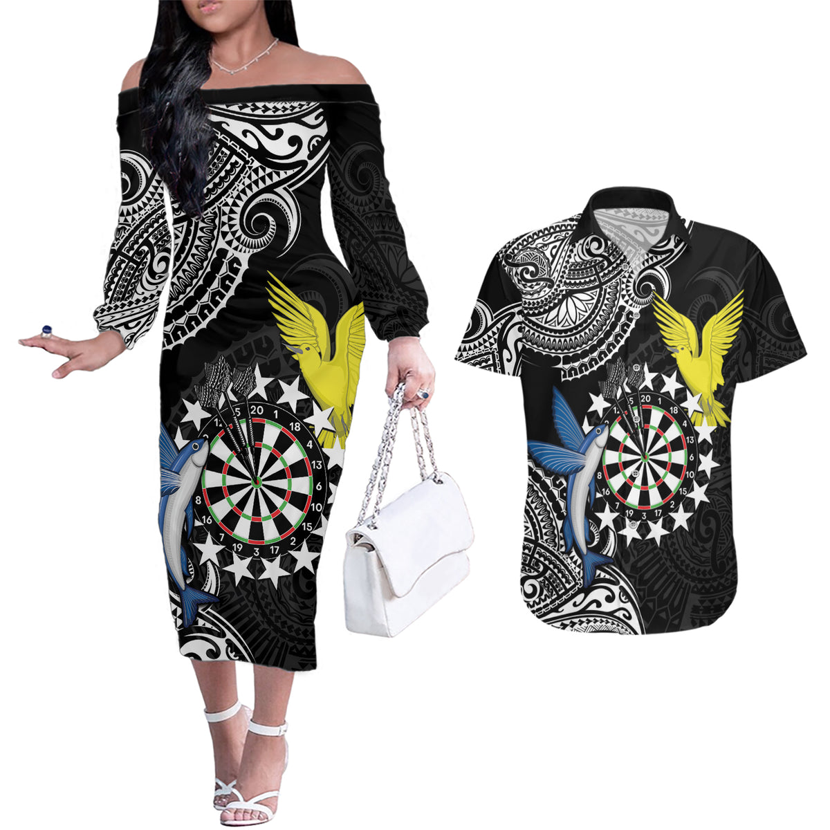 Personalised Cook Islands Darts Couples Matching Off The Shoulder Long Sleeve Dress and Hawaiian Shirt Kuki Airani Tribal Pattern LT14 Black - Polynesian Pride