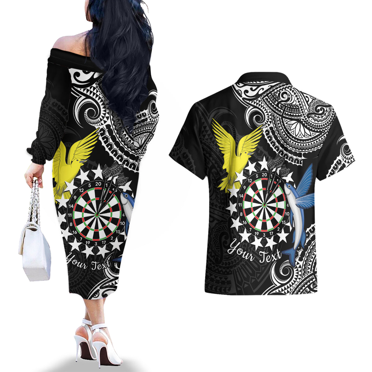 Personalised Cook Islands Darts Couples Matching Off The Shoulder Long Sleeve Dress and Hawaiian Shirt Kuki Airani Tribal Pattern LT14 - Polynesian Pride