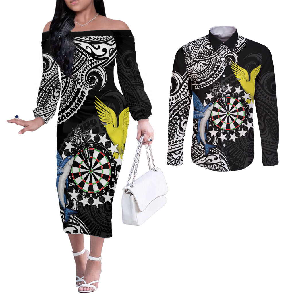 Personalised Cook Islands Darts Couples Matching Off The Shoulder Long Sleeve Dress and Long Sleeve Button Shirt Kuki Airani Tribal Pattern LT14 Black - Polynesian Pride