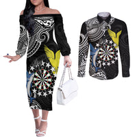 Personalised Cook Islands Darts Couples Matching Off The Shoulder Long Sleeve Dress and Long Sleeve Button Shirt Kuki Airani Tribal Pattern LT14 Black - Polynesian Pride