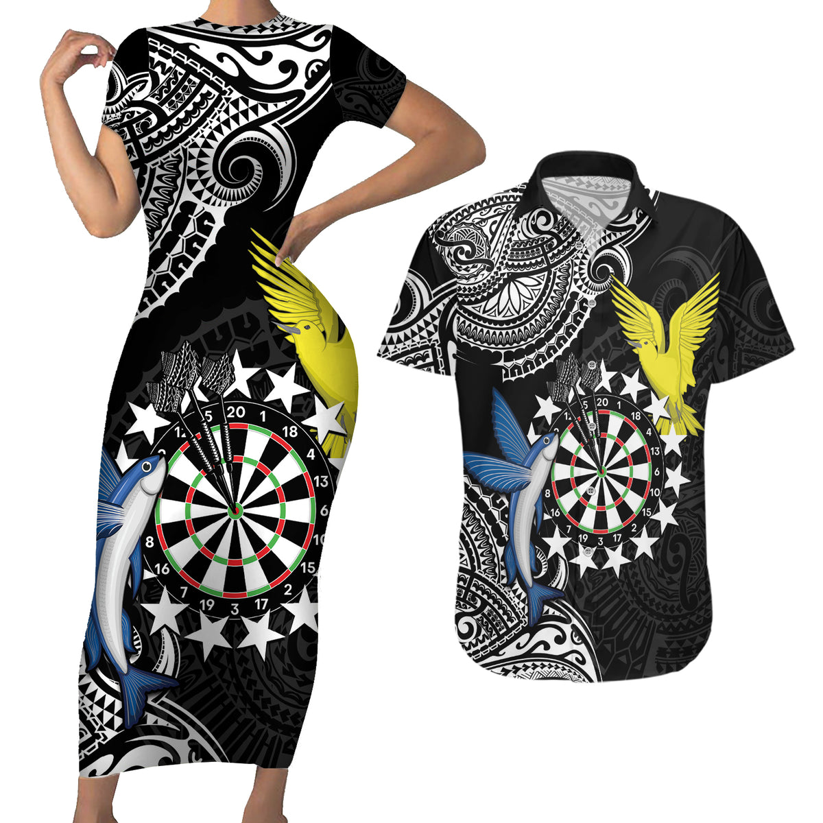 Personalised Cook Islands Darts Couples Matching Short Sleeve Bodycon Dress and Hawaiian Shirt Kuki Airani Tribal Pattern LT14 Black - Polynesian Pride