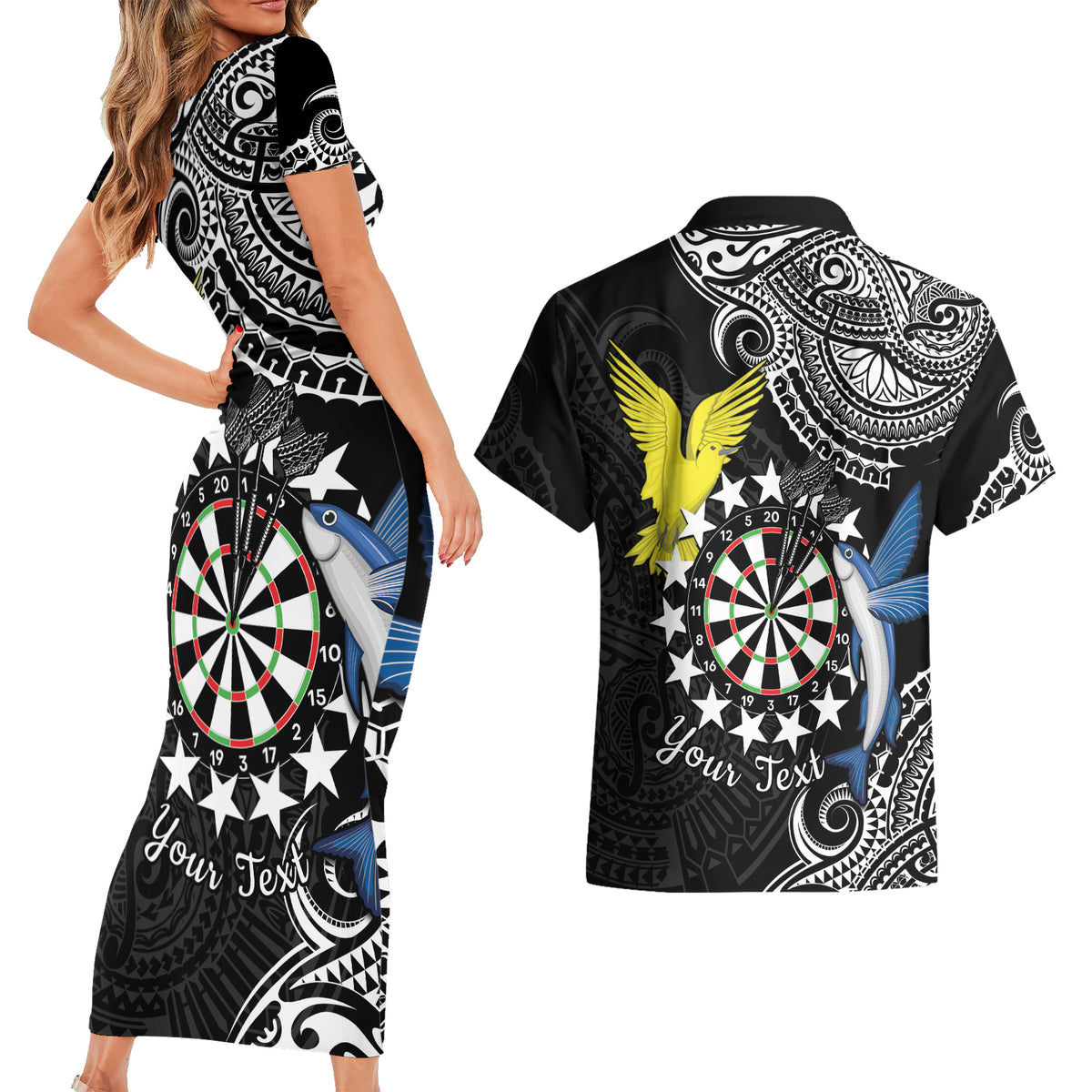 Personalised Cook Islands Darts Couples Matching Short Sleeve Bodycon Dress and Hawaiian Shirt Kuki Airani Tribal Pattern LT14 - Polynesian Pride