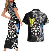 Personalised Cook Islands Darts Couples Matching Short Sleeve Bodycon Dress and Hawaiian Shirt Kuki Airani Tribal Pattern LT14 - Polynesian Pride