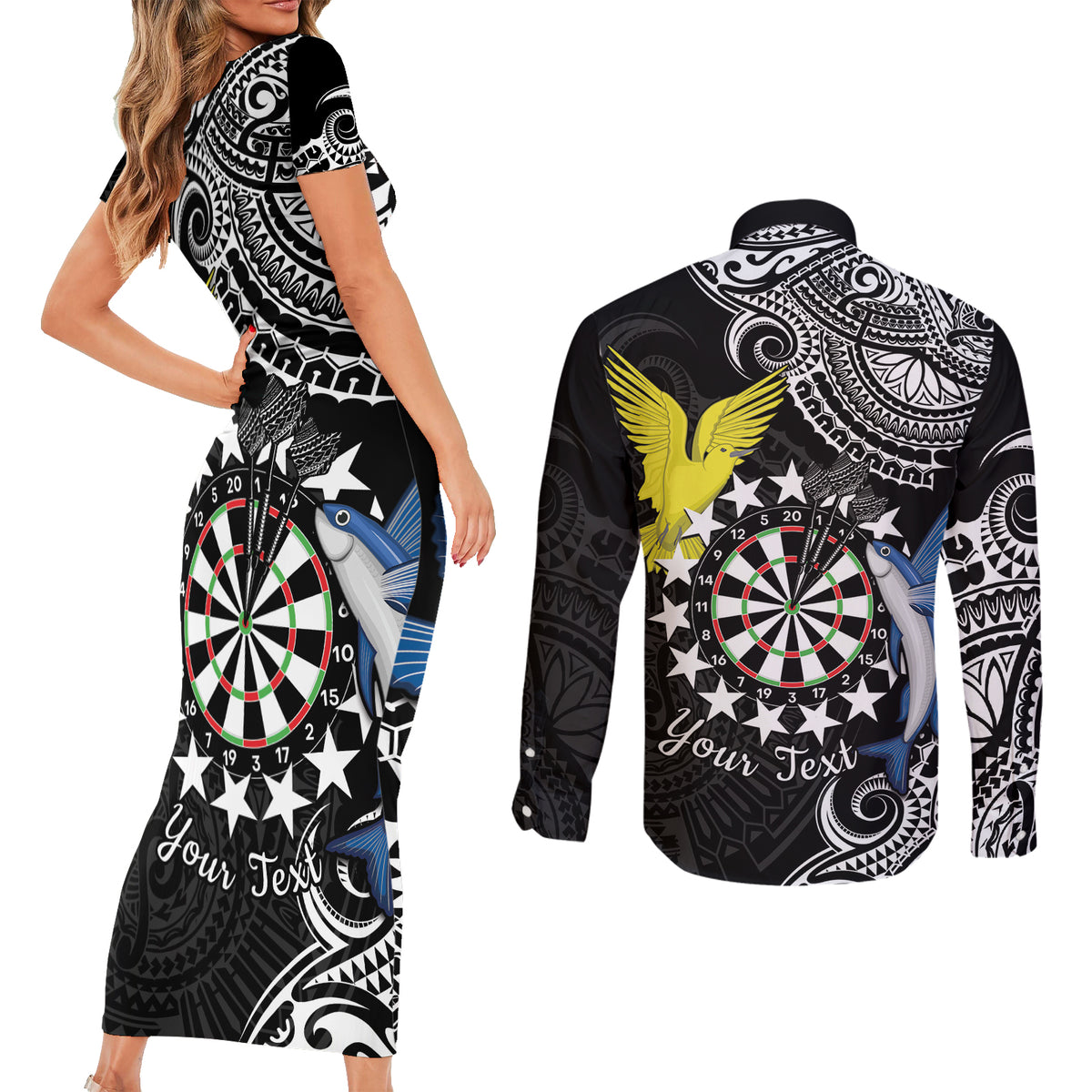 Personalised Cook Islands Darts Couples Matching Short Sleeve Bodycon Dress and Long Sleeve Button Shirt Kuki Airani Tribal Pattern LT14 - Polynesian Pride