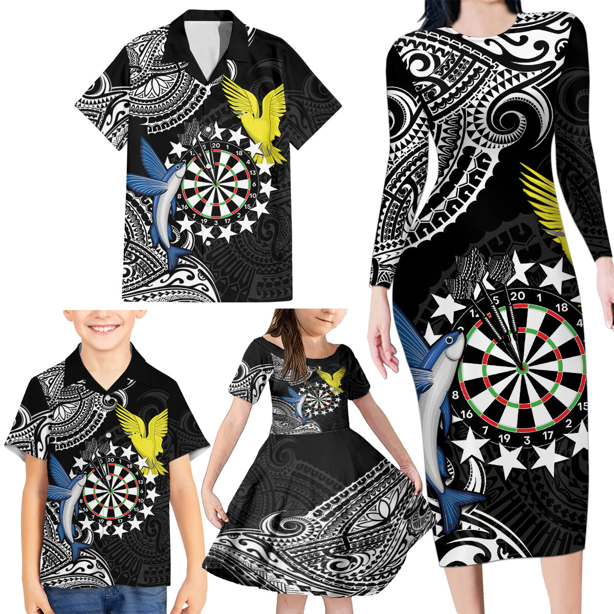 Personalised Cook Islands Darts Family Matching Long Sleeve Bodycon Dress and Hawaiian Shirt Kuki Airani Tribal Pattern LT14 - Polynesian Pride