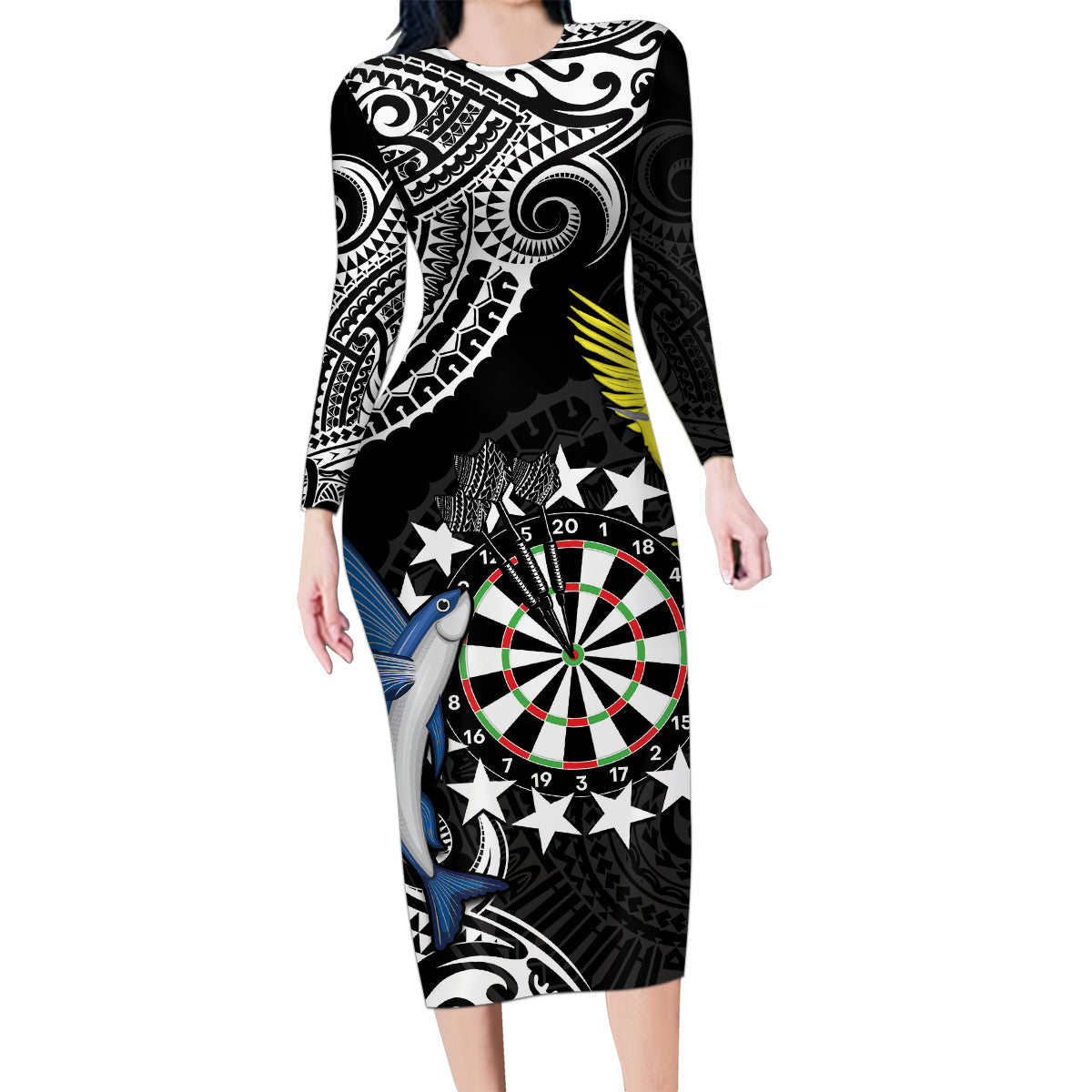 Personalised Cook Islands Darts Family Matching Long Sleeve Bodycon Dress and Hawaiian Shirt Kuki Airani Tribal Pattern LT14 Mom's Dress Black - Polynesian Pride