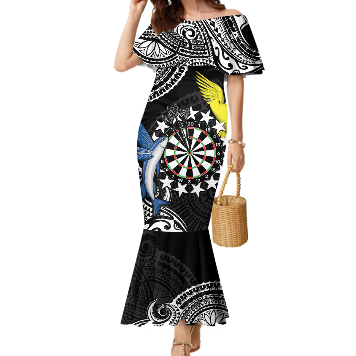 Personalised Cook Islands Darts Family Matching Mermaid Dress and Hawaiian Shirt Kuki Airani Tribal Pattern LT14 Mom's Dress Black - Polynesian Pride
