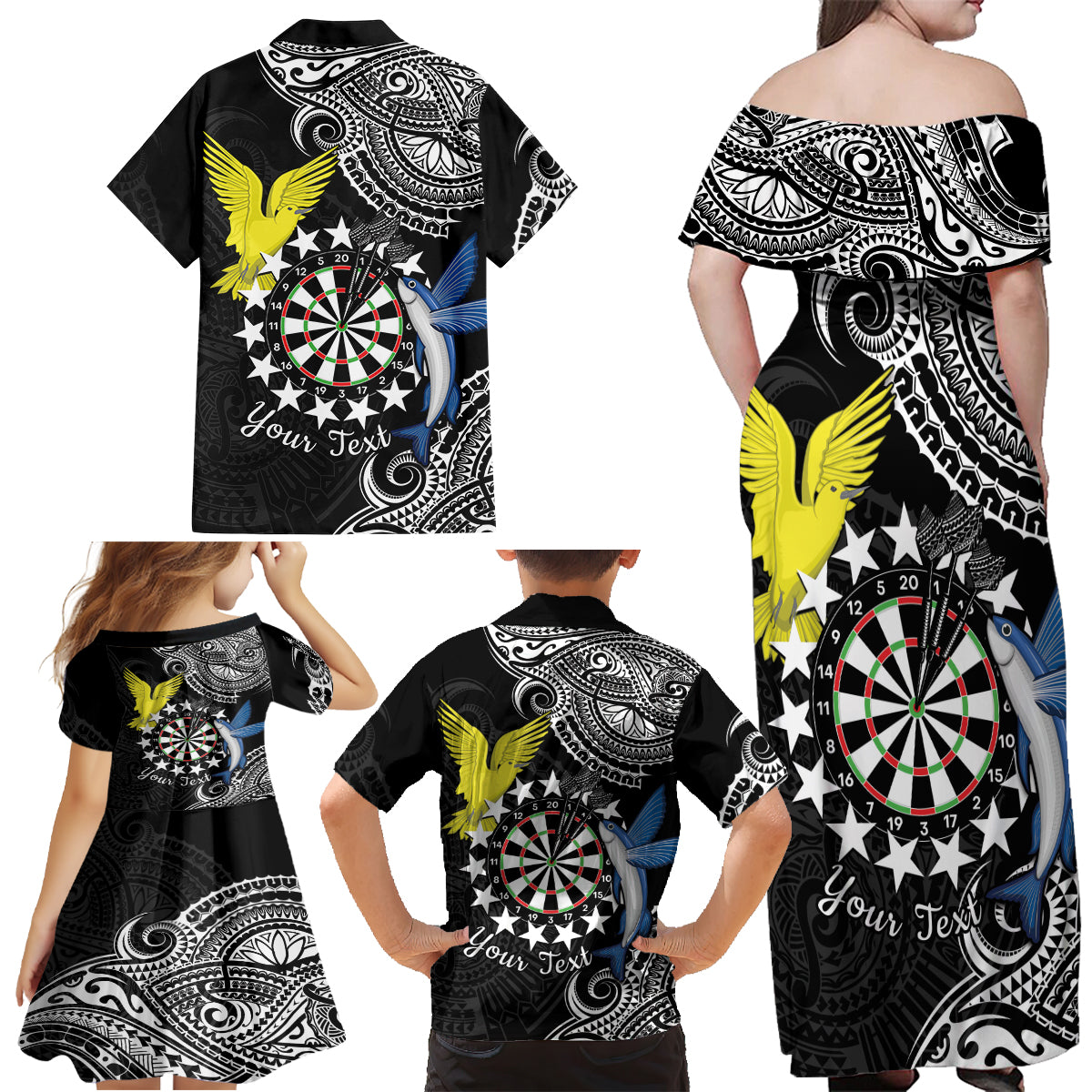 Personalised Cook Islands Darts Family Matching Off Shoulder Maxi Dress and Hawaiian Shirt Kuki Airani Tribal Pattern LT14 - Polynesian Pride