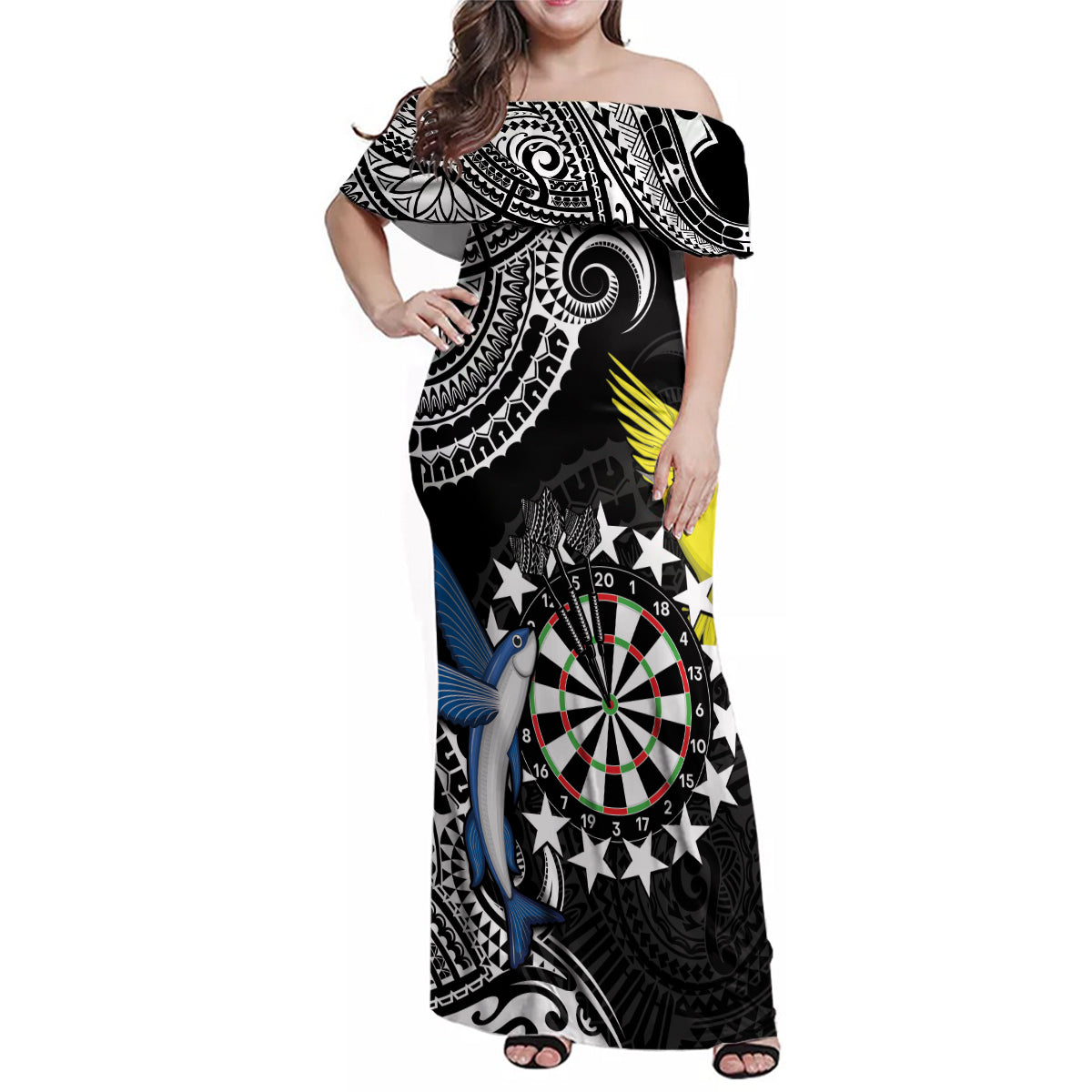Personalised Cook Islands Darts Family Matching Off Shoulder Maxi Dress and Hawaiian Shirt Kuki Airani Tribal Pattern LT14 Mom's Dress Black - Polynesian Pride