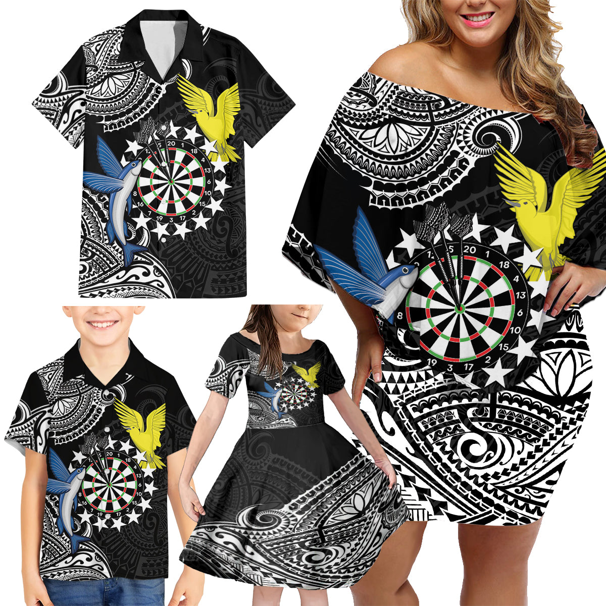 Personalised Cook Islands Darts Family Matching Off Shoulder Short Dress and Hawaiian Shirt Kuki Airani Tribal Pattern LT14 - Polynesian Pride