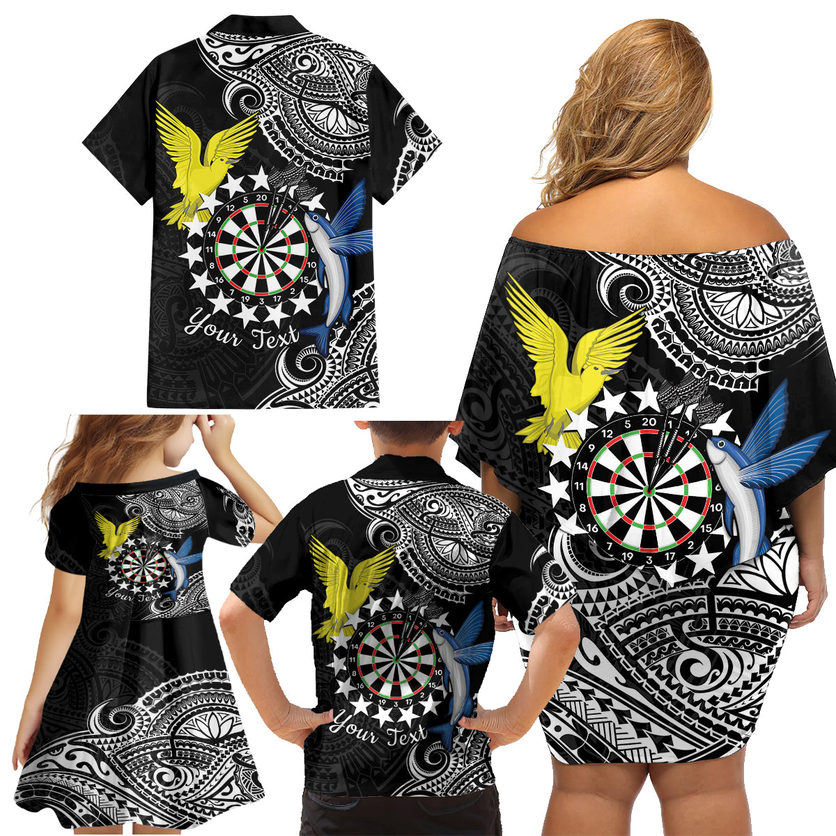 Personalised Cook Islands Darts Family Matching Off Shoulder Short Dress and Hawaiian Shirt Kuki Airani Tribal Pattern LT14 - Polynesian Pride