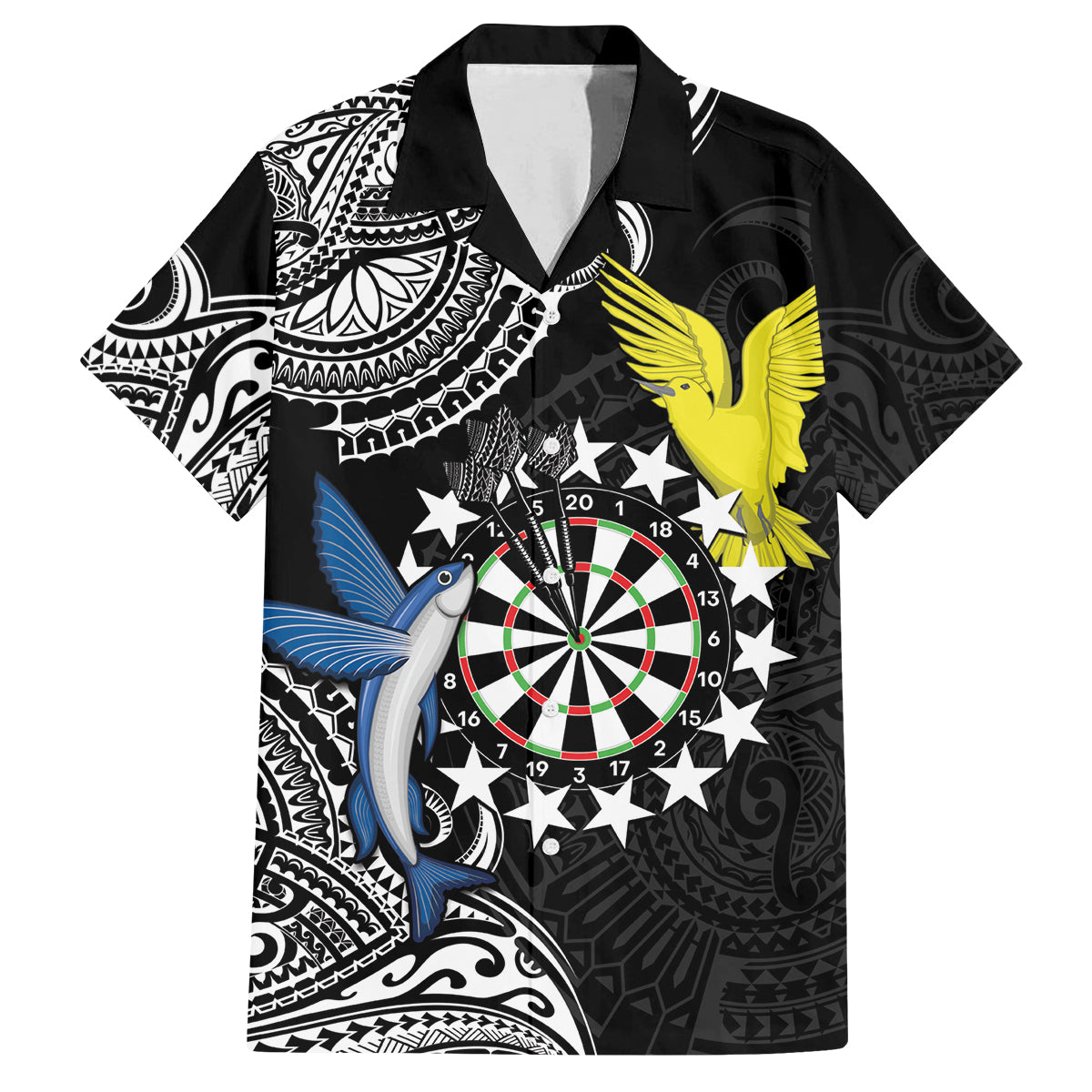 Personalised Cook Islands Darts Family Matching Off Shoulder Short Dress and Hawaiian Shirt Kuki Airani Tribal Pattern LT14 Dad's Shirt - Short Sleeve Black - Polynesian Pride