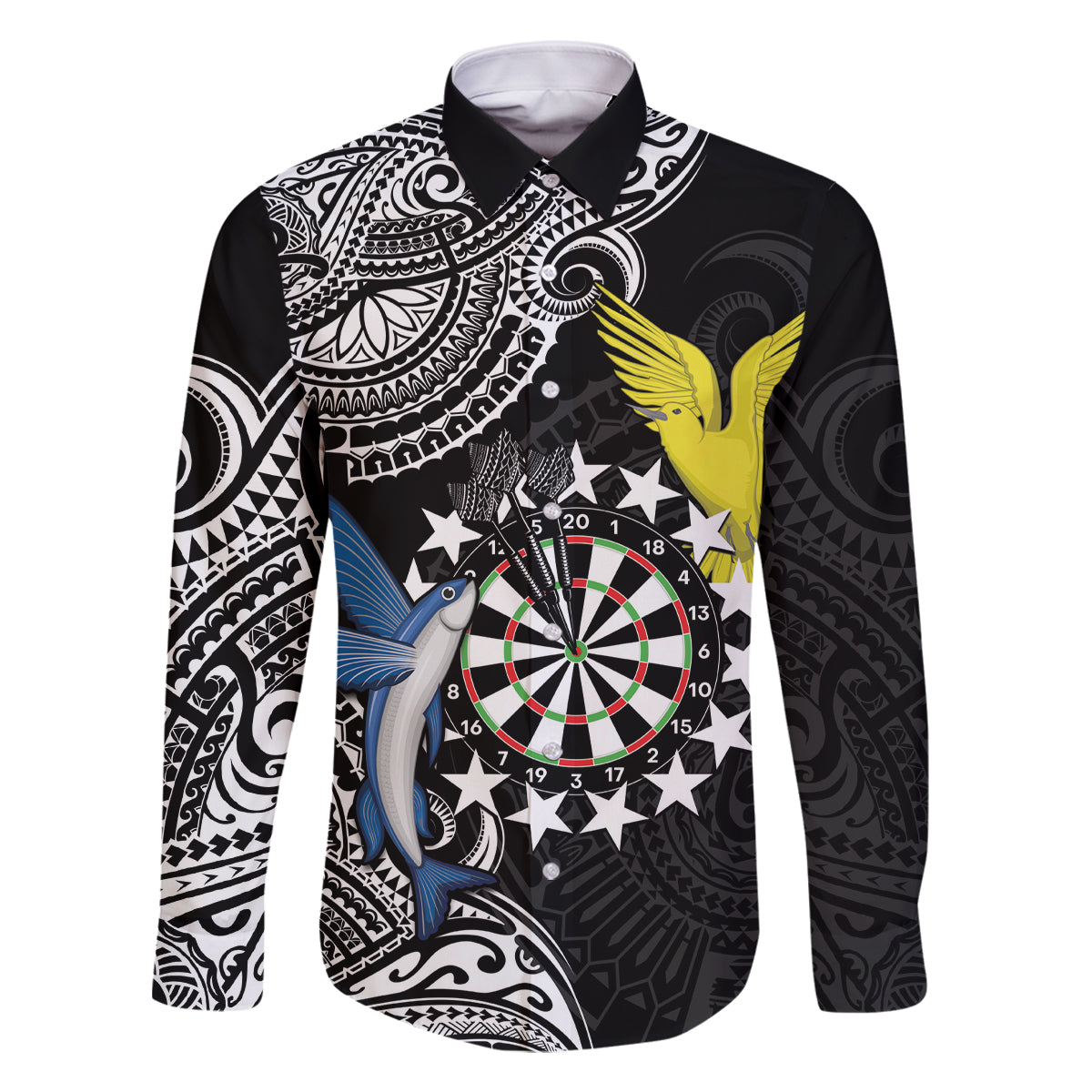Personalised Cook Islands Darts Family Matching Off Shoulder Short Dress and Hawaiian Shirt Kuki Airani Tribal Pattern LT14 Dad's Shirt - Long Sleeve Black - Polynesian Pride