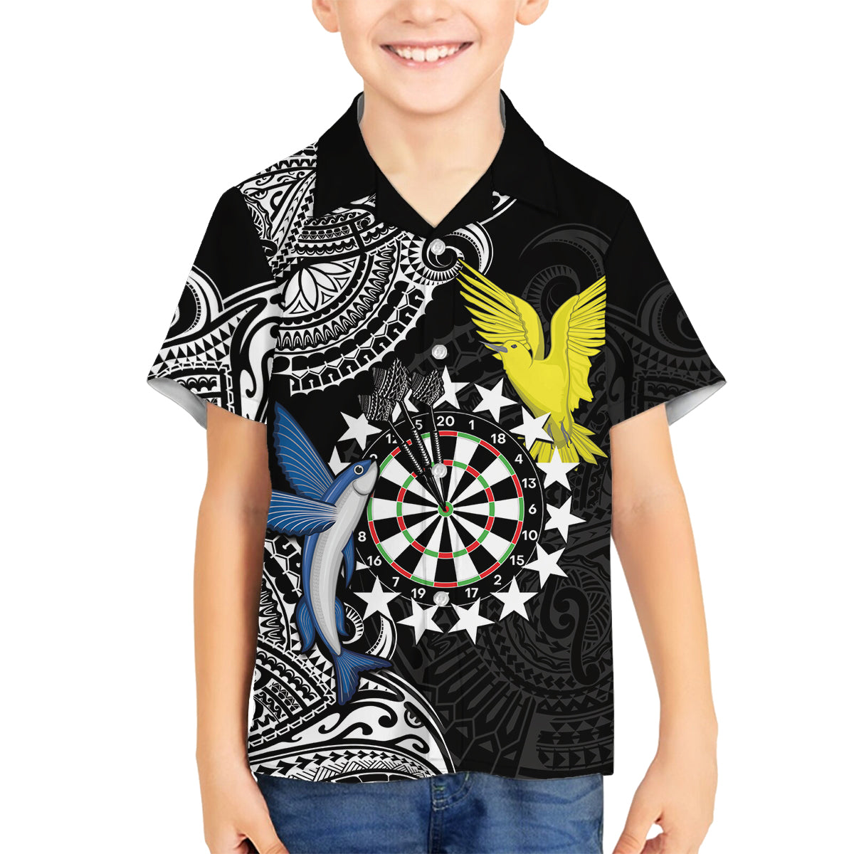 Personalised Cook Islands Darts Family Matching Off Shoulder Short Dress and Hawaiian Shirt Kuki Airani Tribal Pattern LT14 Son's Shirt Black - Polynesian Pride