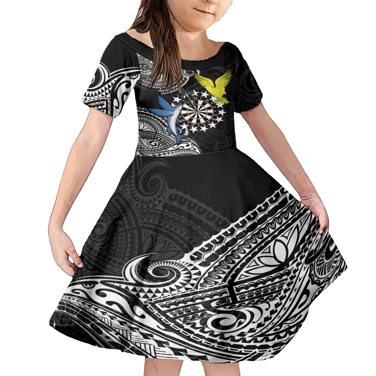 Personalised Cook Islands Darts Family Matching Puletasi and Hawaiian Shirt Kuki Airani Tribal Pattern LT14 Daughter's Dress Black - Polynesian Pride