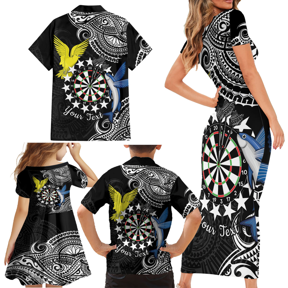 Personalised Cook Islands Darts Family Matching Short Sleeve Bodycon Dress and Hawaiian Shirt Kuki Airani Tribal Pattern LT14 - Polynesian Pride