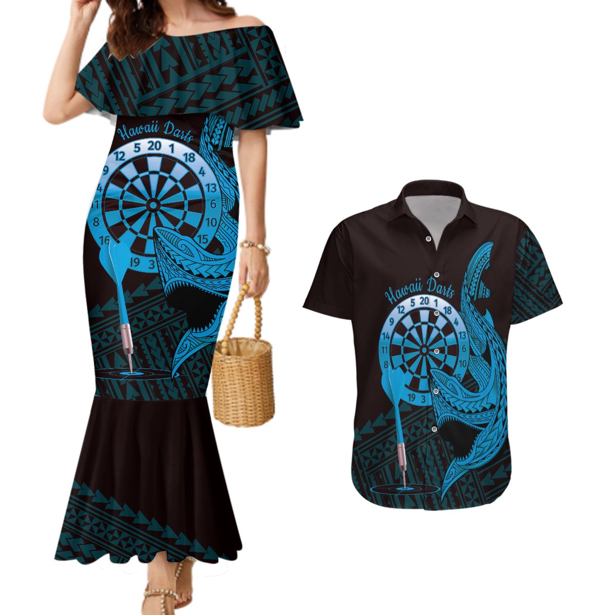 Aloha Hawaii Darts Couples Matching Mermaid Dress and Hawaiian Shirt Dart Board With Polynesian Shark - Blue LT14 Blue - Polynesian Pride