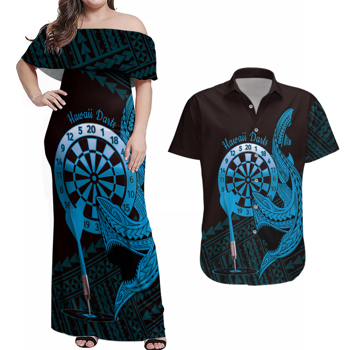 Aloha Hawaii Darts Couples Matching Off Shoulder Maxi Dress and Hawaiian Shirt Dart Board With Polynesian Shark - Blue LT14 Blue - Polynesian Pride
