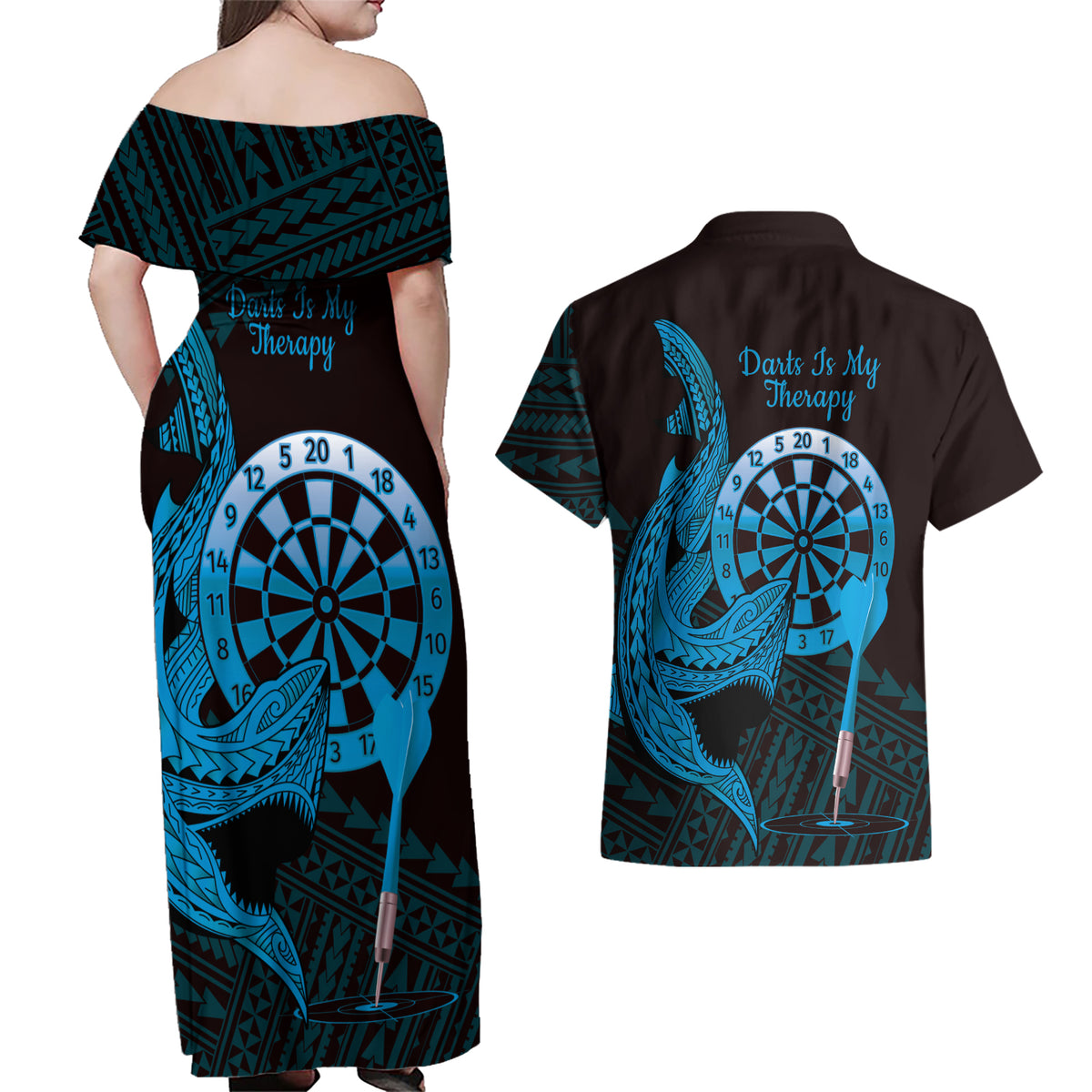 Aloha Hawaii Darts Couples Matching Off Shoulder Maxi Dress and Hawaiian Shirt Dart Board With Polynesian Shark - Blue LT14 - Polynesian Pride